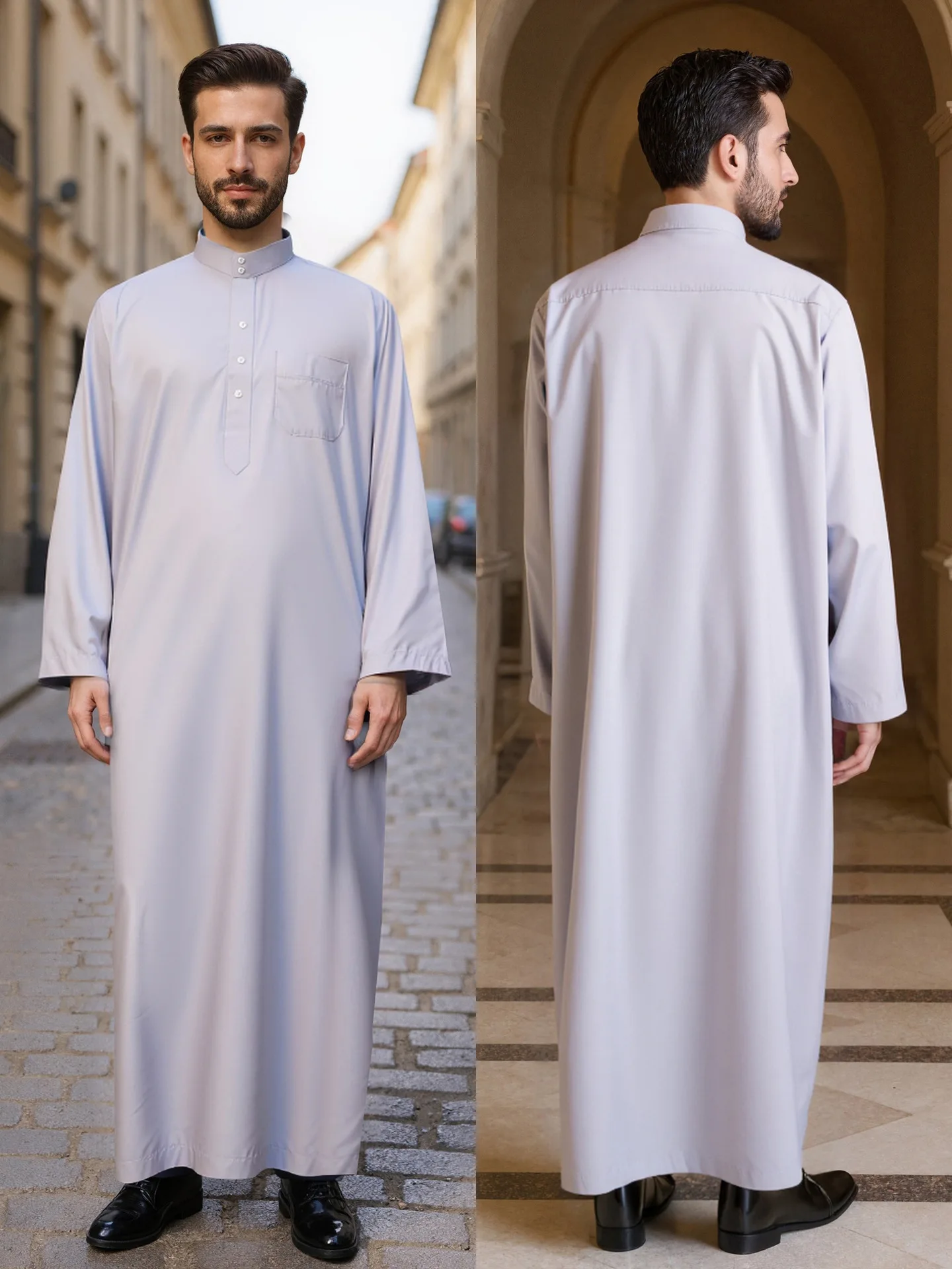 Jubah Panjang Pria Bahan Polyester, Jubah Kerah Tegak Gaya Qatar, Desain Saku, Pakaian Pria Arab dan Timur Tengah, Tersedia dalam