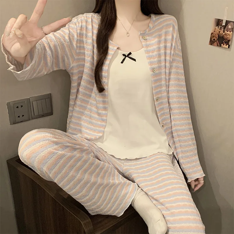 

Женские пижамы, новые полосатые модные пижамные комплекты, модальная осенне-зимняя одежда для сна, женские пижамы, домашний костюм из трех предметов для женщин