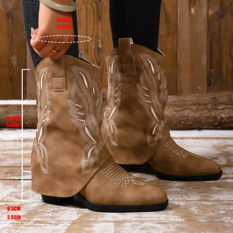 

Винтажные ковбойские сапоги в стиле вестерн с вышивкой, женские зимние ботильоны на высоком каблуке с острым носком 2025, женские короткие ботильоны