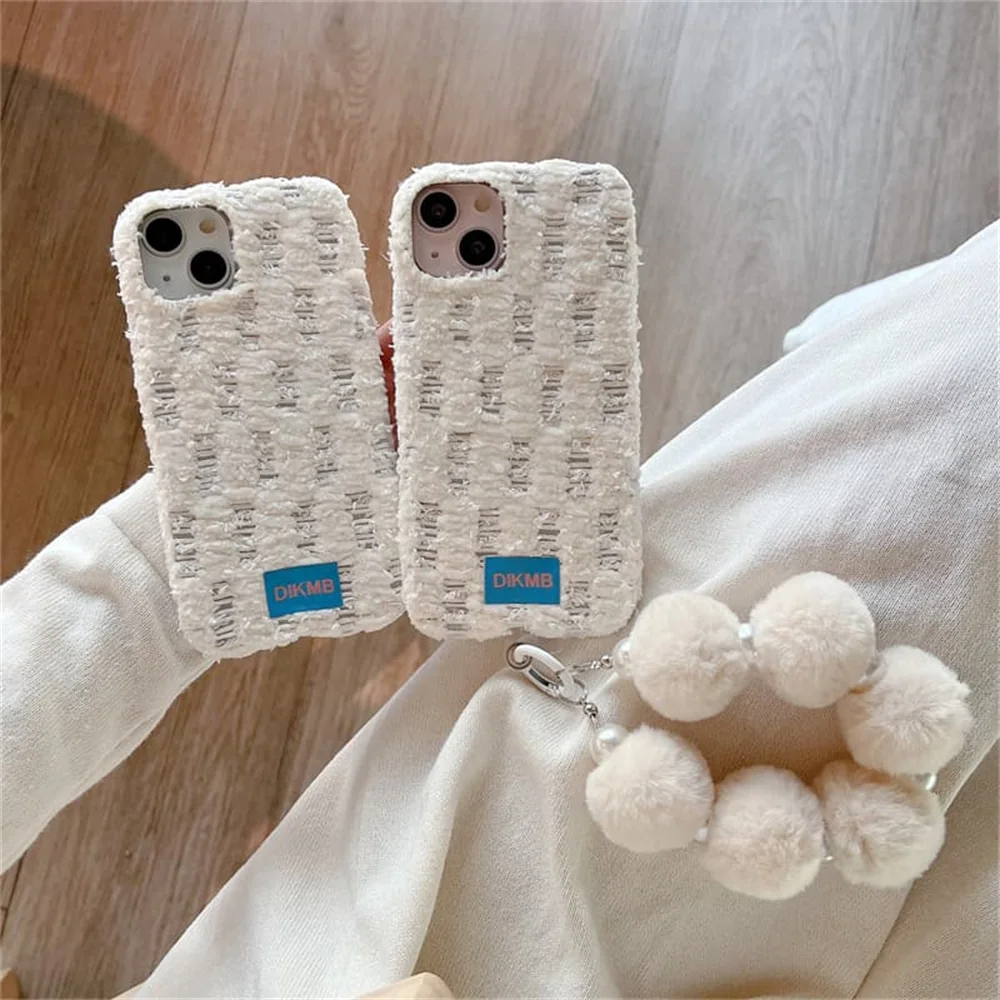 Korea Fashion Ins 3D Phone Case For iPhone 18 Pro 14 15 16 17 Pro Max Cover Shockproof Cute Plush Cases Fur ball hanging string
