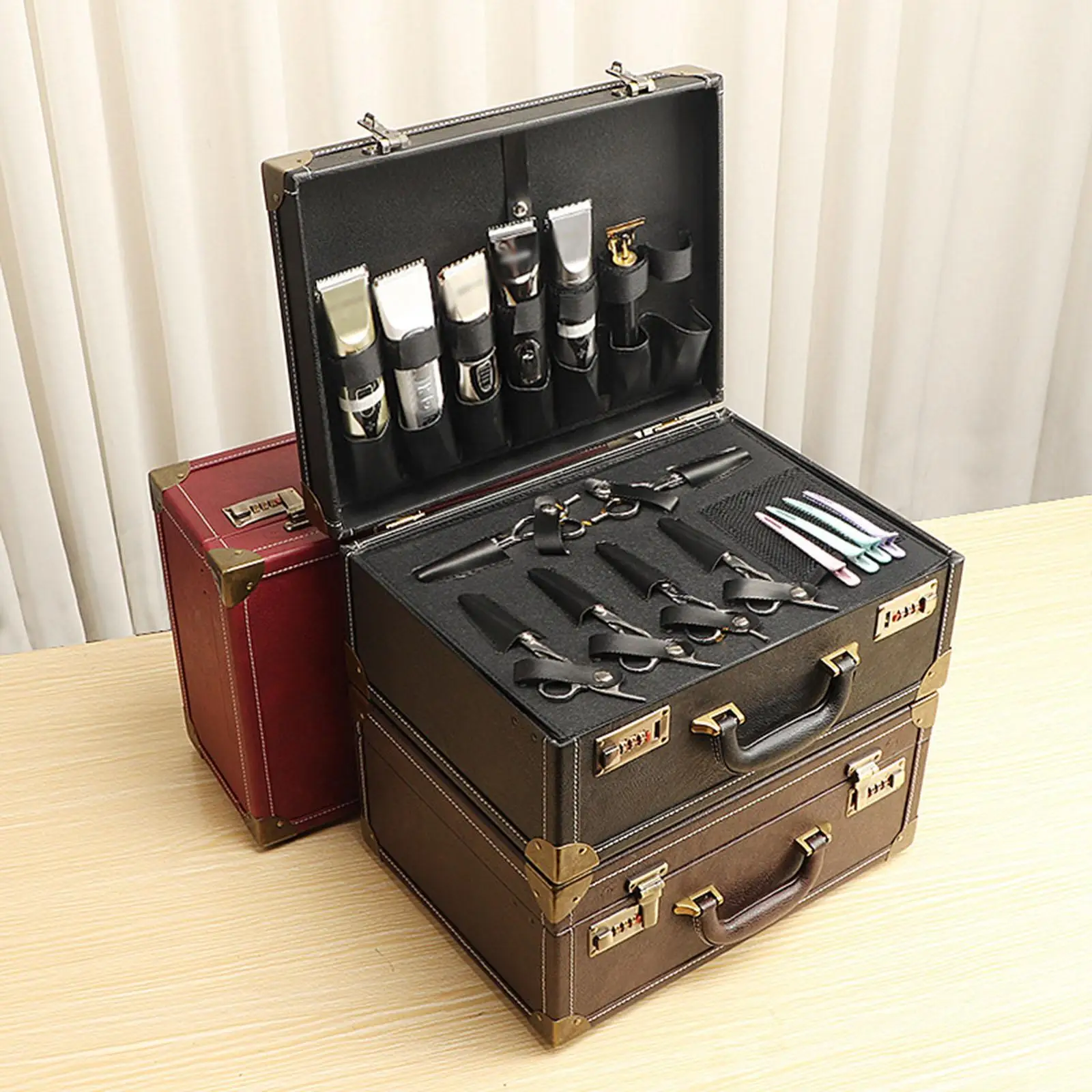 Hairdressing Briefcase Barber Carrying Case Secure Code Lock Barbers Briefcase for Clippers Combs Brushes and Tools