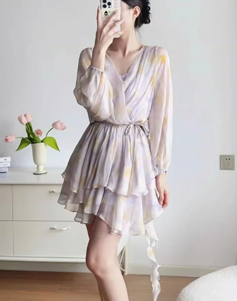 Lace-up chiffion com decote em v vestido feminino verão streetwear roupas elegantes senhora manga longa em camadas babados vestidos bodycon