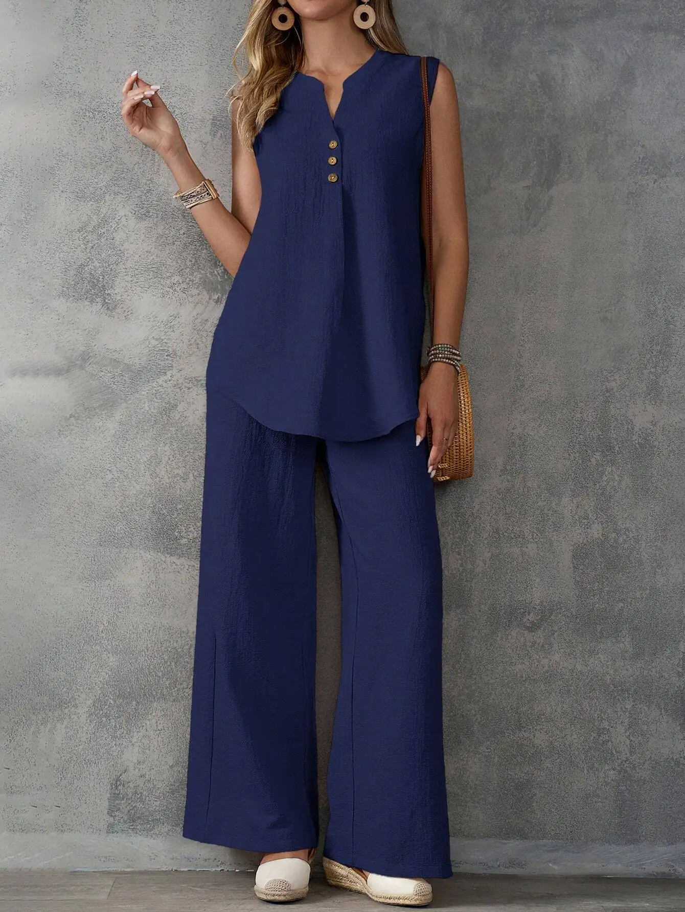 

Sleeveless Button Front Top And Wide Leg Pants Set