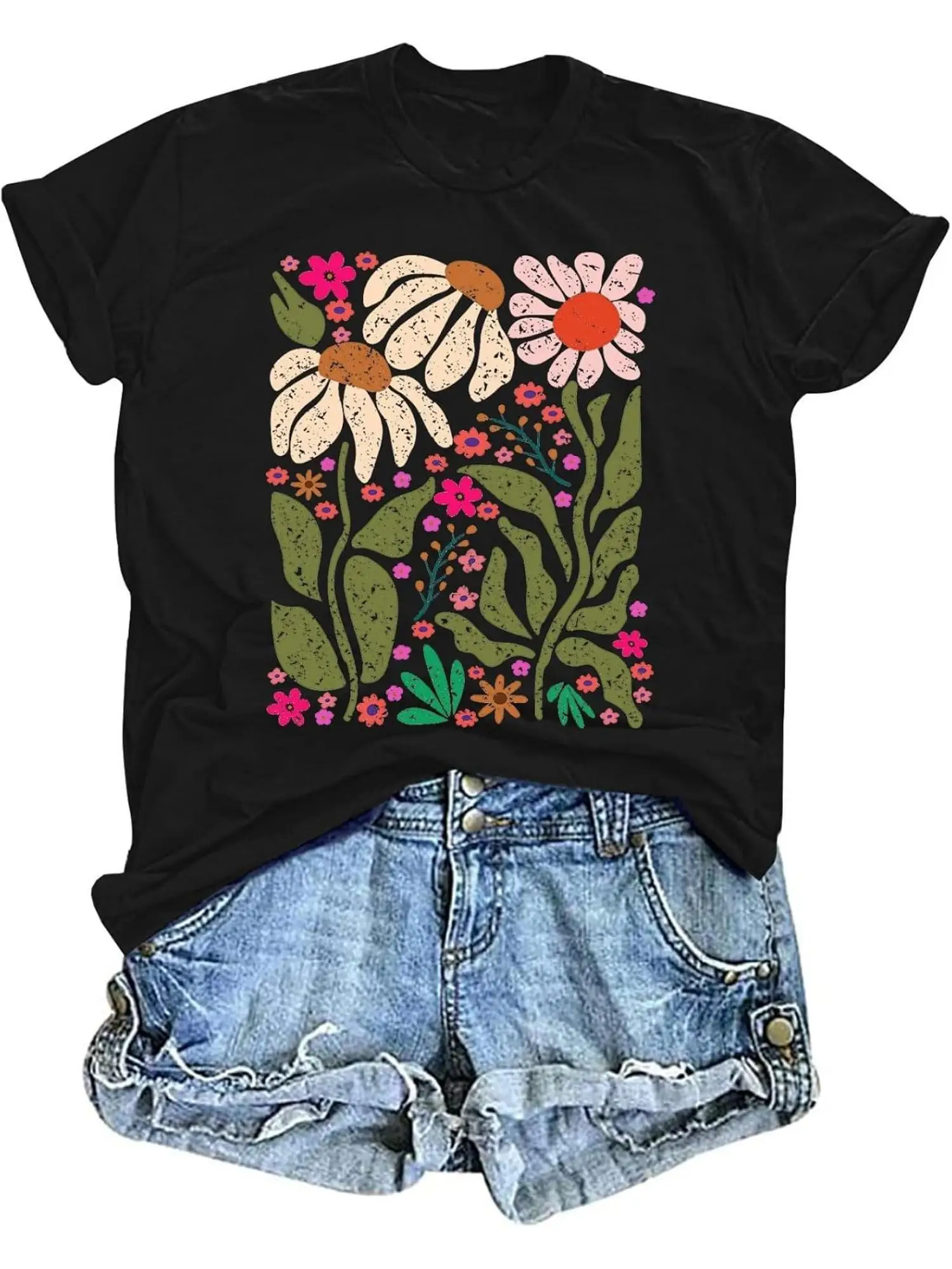 Camiseta floral de flores silvestres para mujer, camiseta 100% con cuello redondo, top con estampado de jardín botánico bohemio vintage, camisa informal de tela de punto para todas las estaciones