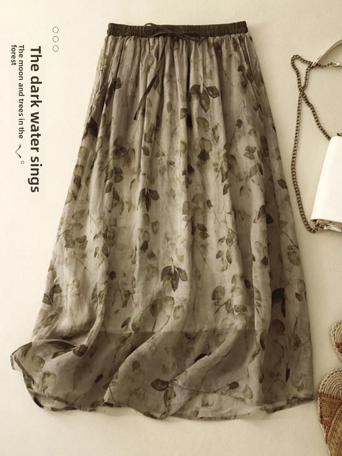 

Художественная японская элитная юбка с цветочным принтом, женская винтажная двухслойная хлопково-льняная юбка миди, свободная летняя юбка