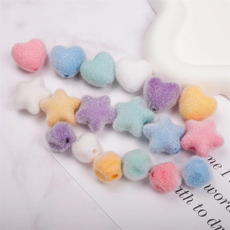 Winter style 50pcs/lot color flocking effect cartoon hearts/stars/bow shape resin straight hole beads diy jewelry accessory