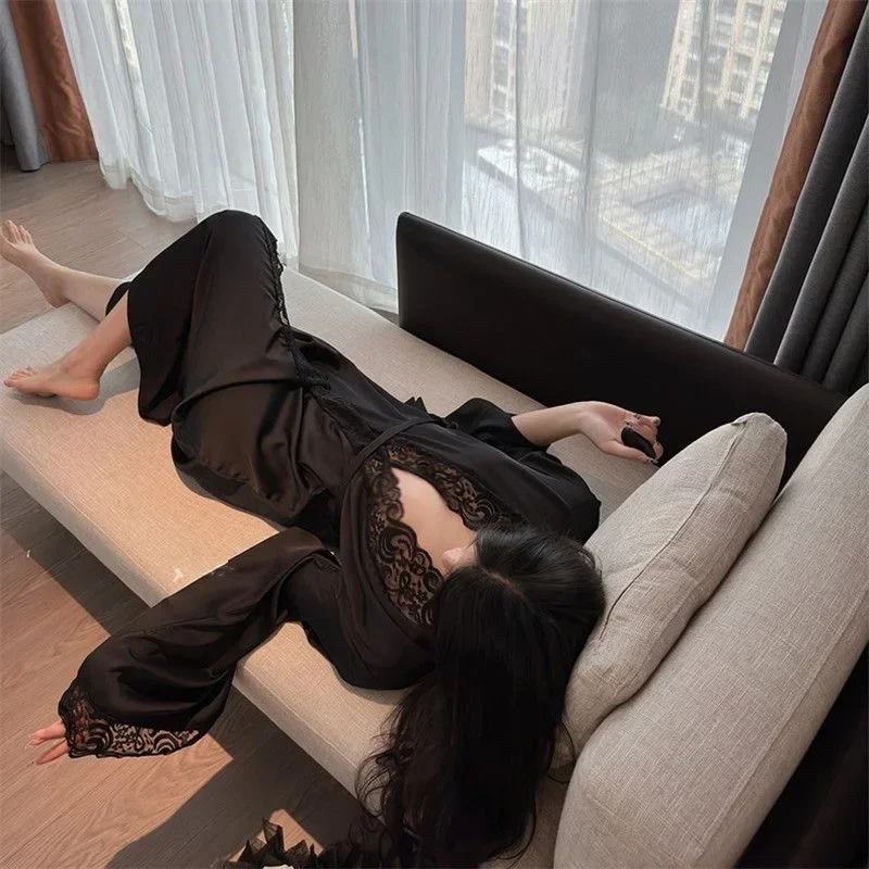 1 Piece Women's Ice Silk Satin Glossy Robe Pajamas Plus Size Nightgown Elegant Lace Homewear Fashion Casual Loungewear