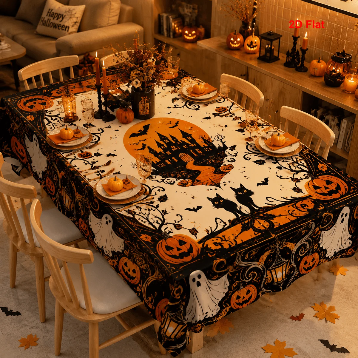 2D flat 1 piece tablecloth Halloween castle pumpkin ghost print restaurant rectangular polyester tableclothzyc