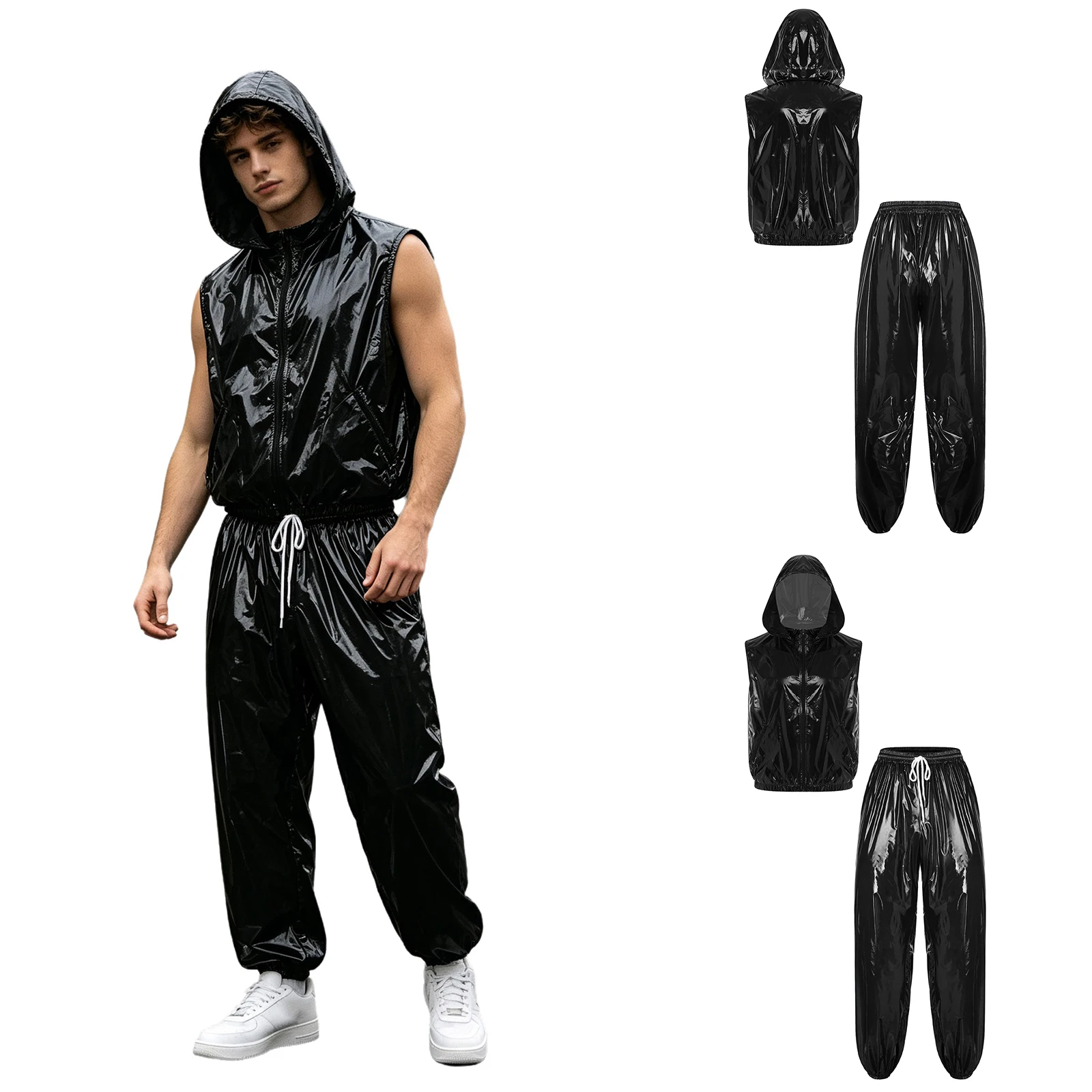 Men Waterproof Sleeveless Vest with Detachable Hood and Jogging Pants Front Zipper for Outdoor Workout Cycling Running
