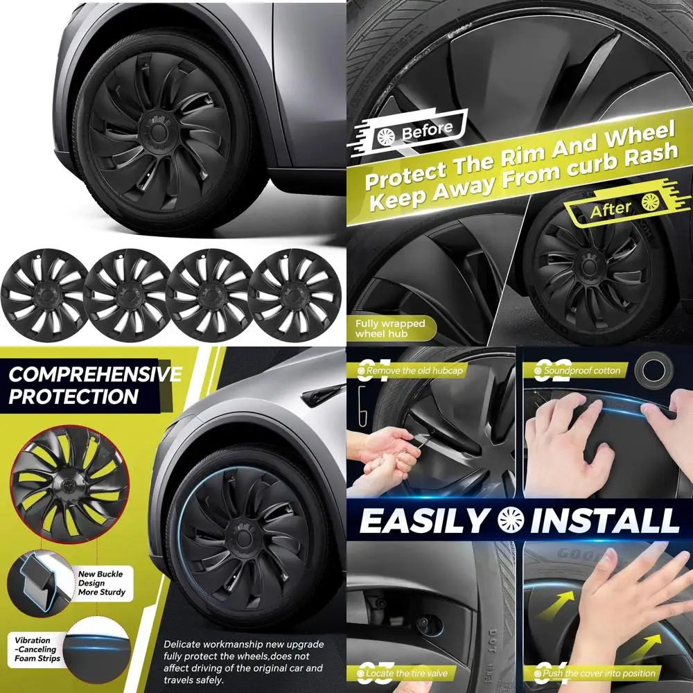 

Tesla Model Y Juniper 19 Inch 4 Pcs Wheel Covers - Matte Black ABS Hubcaps with Rim Protectors | Replacement Compatible with 202