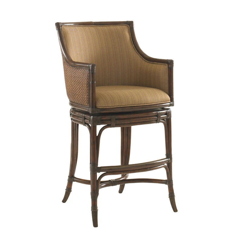

Nanyang retro style high bar chair home use all-solid wood bamboo art rattan rotating dark dining chair