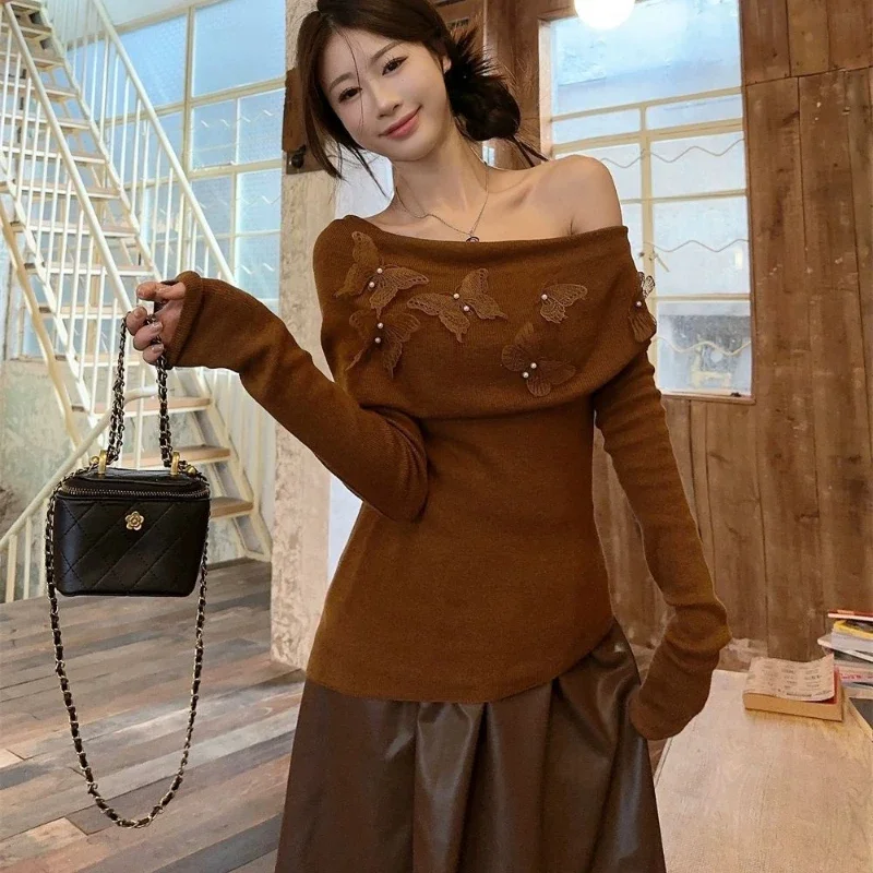 Deeptown Off Shoulder Women Sweater Harajuku Butterfly Elegant Korean Fashion Knitted Pullovers Autumn Slim Gyaru Sexy Aesthetic