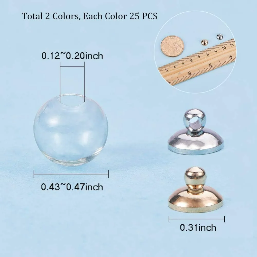 空のミニ透明ガラスグローブボトル、ウィッシュボールボトル、プラチナとゴールドの真ちゅう製ベールキャップ付きのdiyペンダントチャーム、12mm、50個