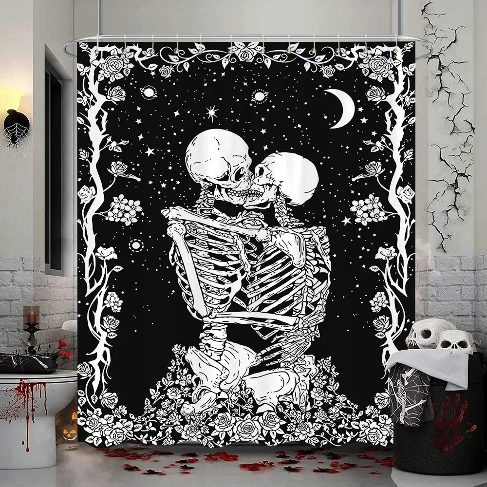 Black Skull Skeleton Print Shower Curtain Set 3D Funny Waterproof Horrible Halloween Festival Bathroom Decor Carpet Toilet Cover