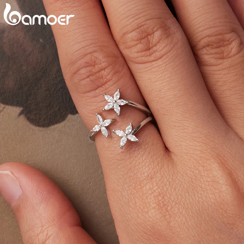 

Открытое кольцо Bamoer с цветком циркона, стерлинговое серебро 925 пробы, уникальный дизайн с тремя цветами, регулируемое кольцо, женские ювелирные изделия, хороший подарок