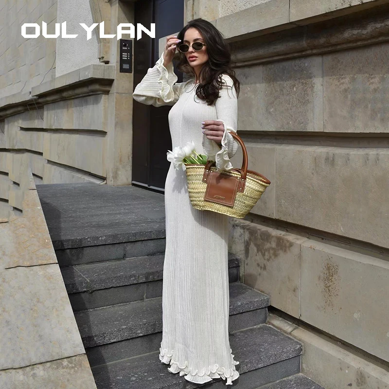 Women Pleated Ruffled Backless Long-Sleeved Dress Elegant Long Sleeve Pleated Knit Fishtail Dresses 2024 Fashion Sweater Dress