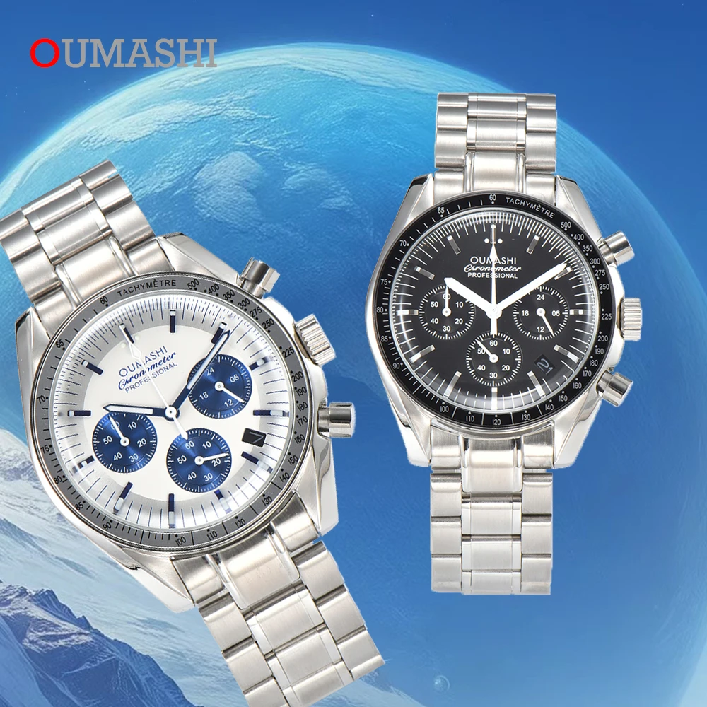 OUMASHI 39.5mm Quartz Men's Watch 32.6mm Dial Moon Design Quartz Movement Superb Style Six Pin Date Speed Timer VK63 Movement