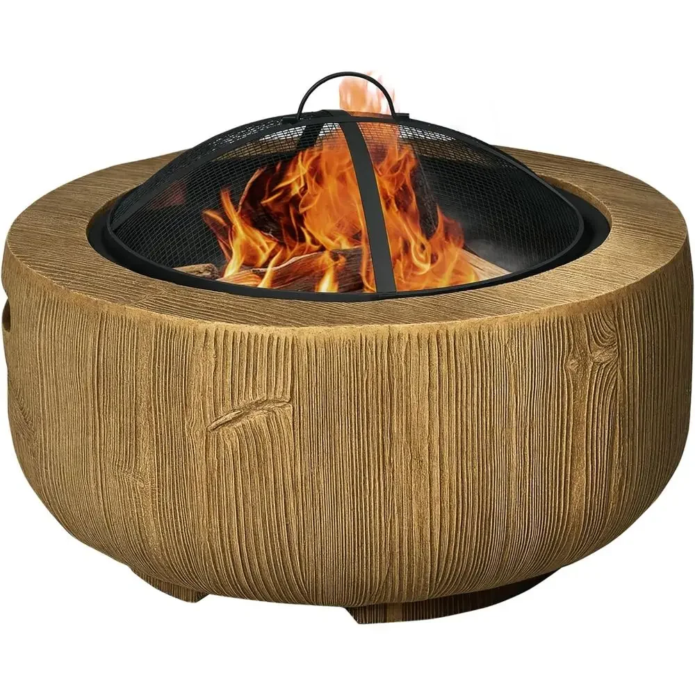 24 Inch Metal Outdoor Wood Burning Fire Pit with Spark Screen, Poker, for Patio, Picnic, Backyard, Light Brown