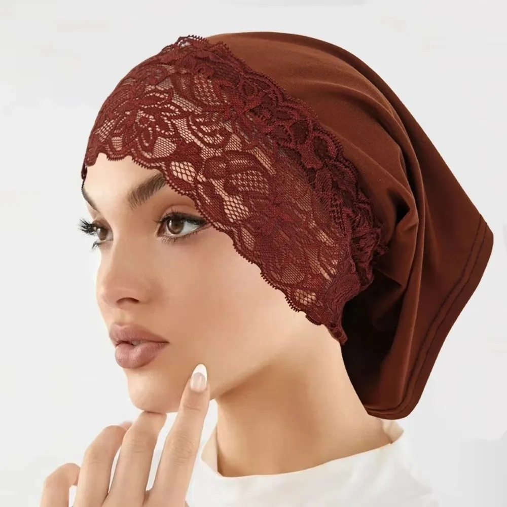 Comfortable Fit Elegant Hijab Cap Lace Edge Solid Color Headscarf Hat Soft Breathable Undercap Women Headwear