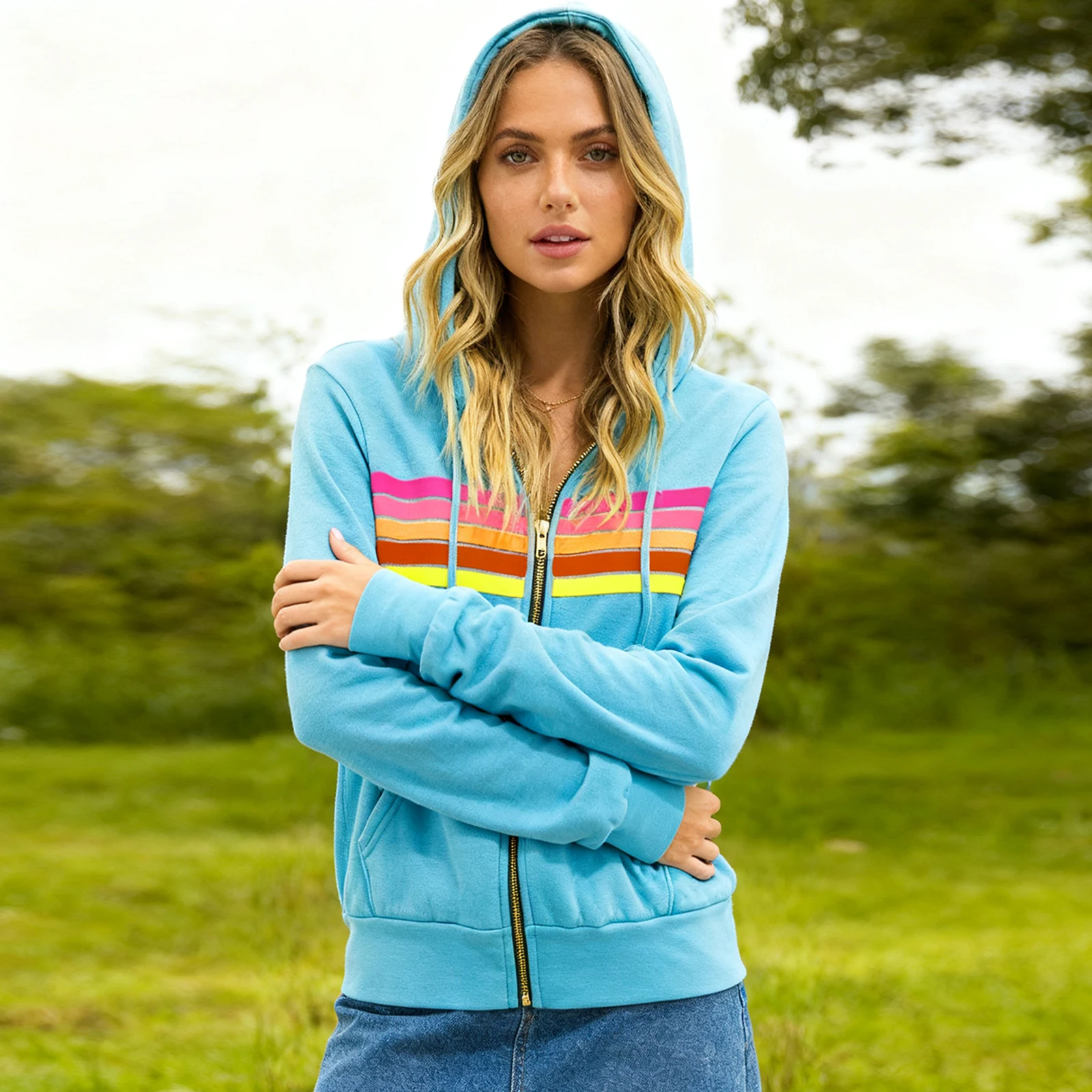 Manteau Patchwork à la mode pour femme, veste à capuche, sweat-shirt zippé avec rayures horizontales colorées pour superposition, usage quotidien