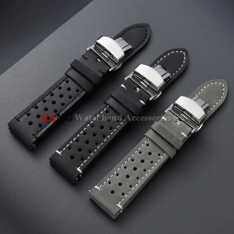 18/19/20/21/22/24mm Quick Release Breathable Strap Vintage Handmade Leather Watch Band Replacement Band Butterfly Clasp Bracelet