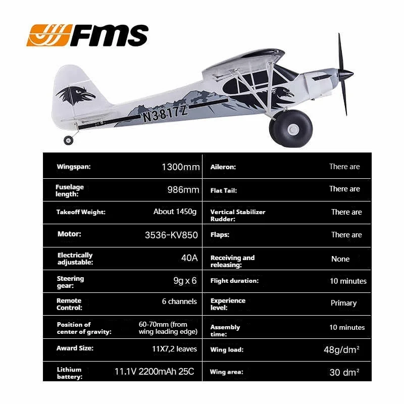 Model samolotu stałopłatowego FMS 1300mm PA-18, symulacja samolotu, duża maszyna treningowa z szerokimi oponami, zdalnie sterowany model samolotu PA18