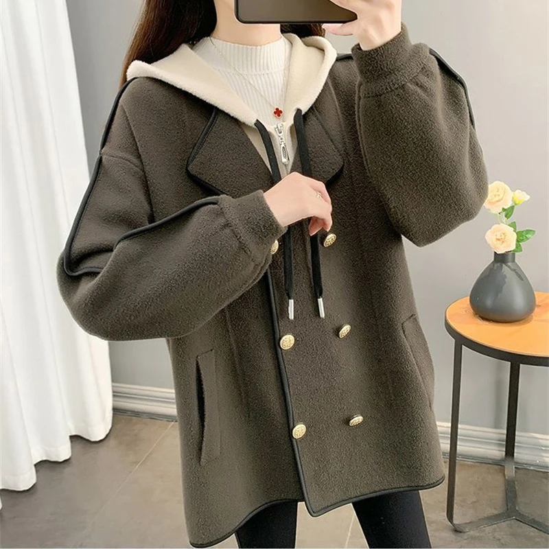 Hooded Fake Two Items Woolen Ladies Outwear Winter Medium Long Styles Double Sided Female Top Korean Large Size 5XL Women Jacket