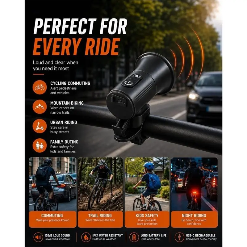 NALFI-Electric Bike Horn With Custom Chargeing, 120Db Loud Sound