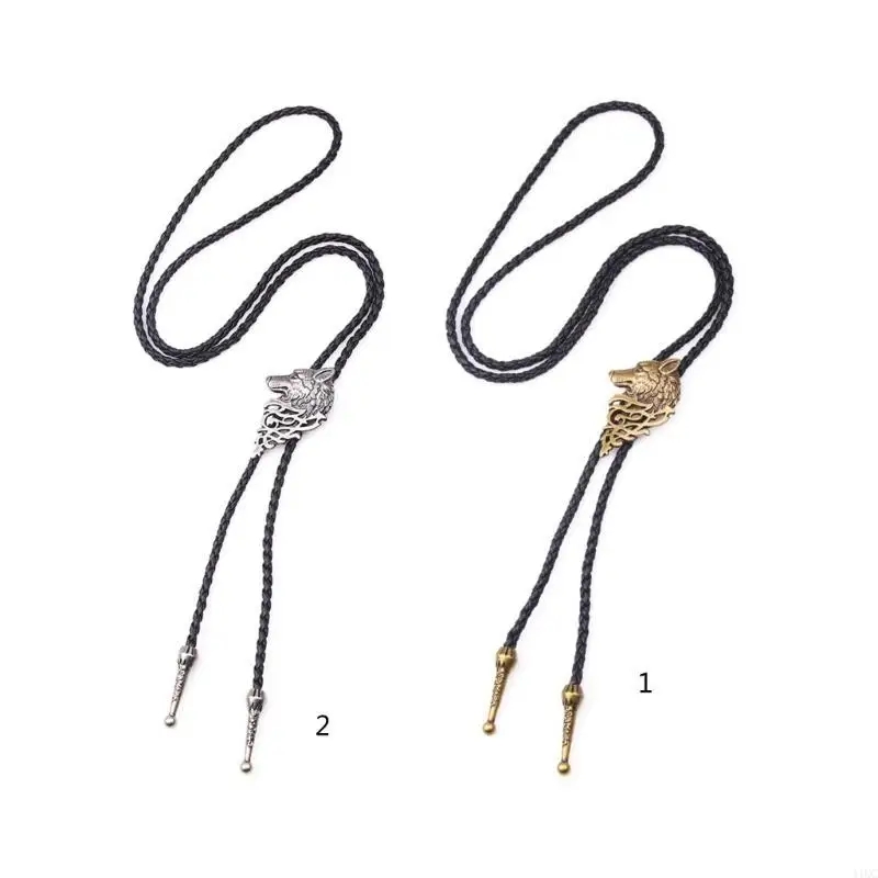 Braided Shoestring Wolf Bolo Tie with Metal Wolf Cowboy Necktie Necklace Country Bolo Tie Cowboy