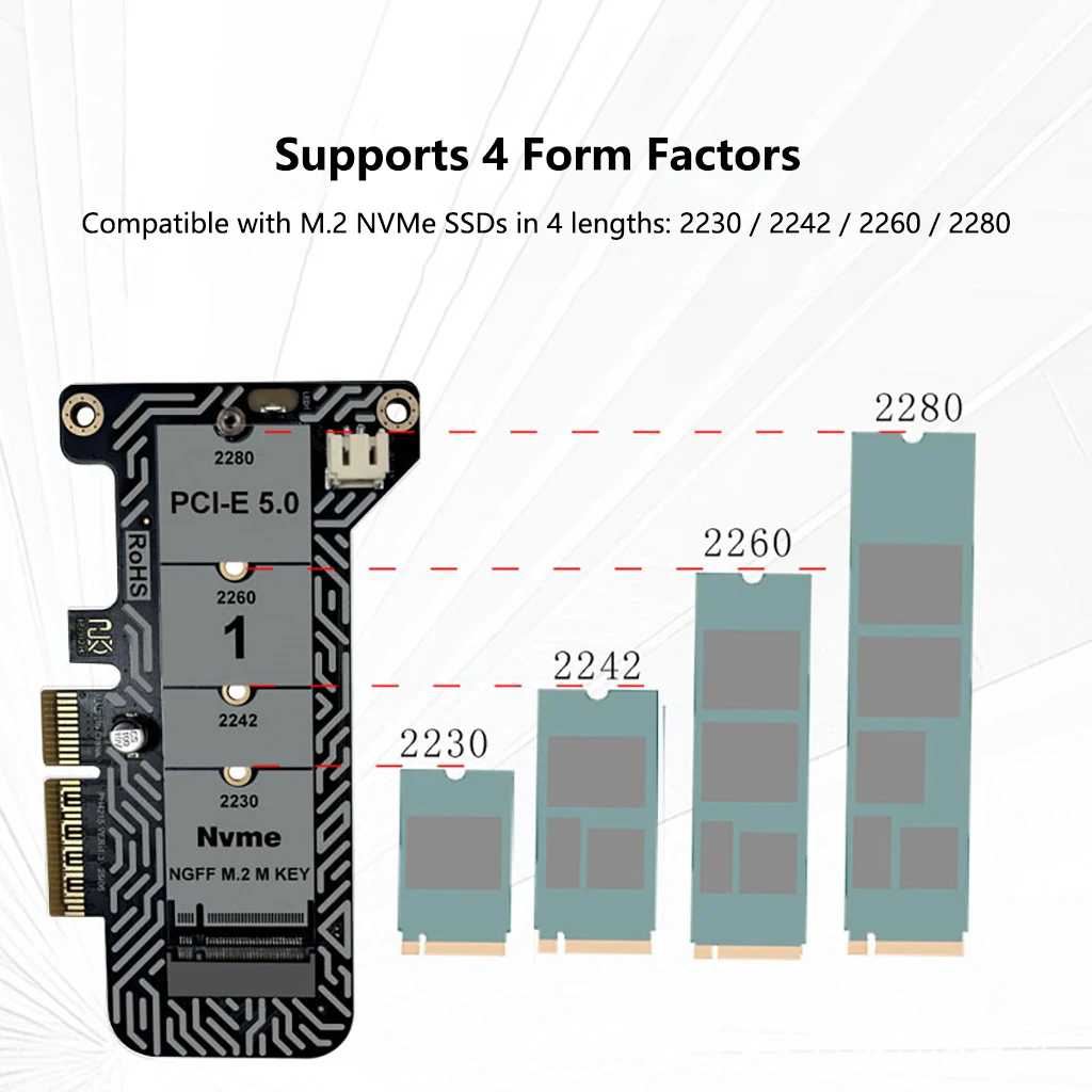 

Адаптерная карта PCIe 5.0 x4 для M.2 NVMe с LED-индикатором, поддержка SSD M-Key 2230/2242/2260/2280, полноскоростная карта расширения PCI-E 5.0