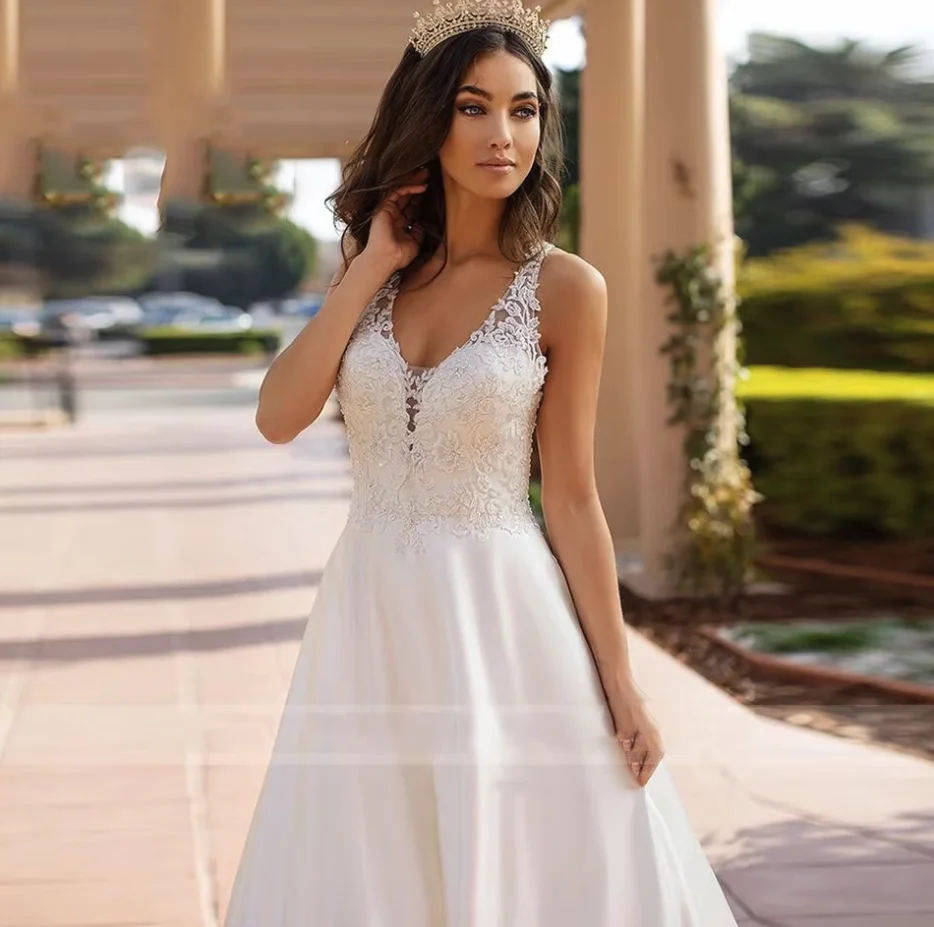 Sexy Witte A-lijn Trouwjurken Boho Satijn Aline Trouwjurken 2023 Sexy V-hals Kant Backless Bruid Jurk Robe de mariee