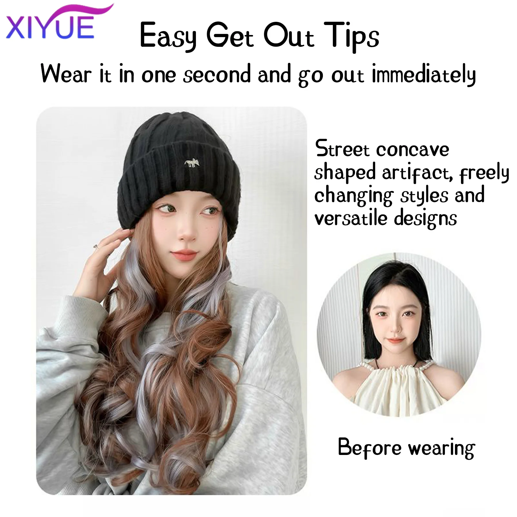 XY Synthetic Hat Wig Beanies Hat With Hair Wigs For Women Long Wavy Hair Warm Soft Ski Knitted Autumn Winter Cap Heat Resistant