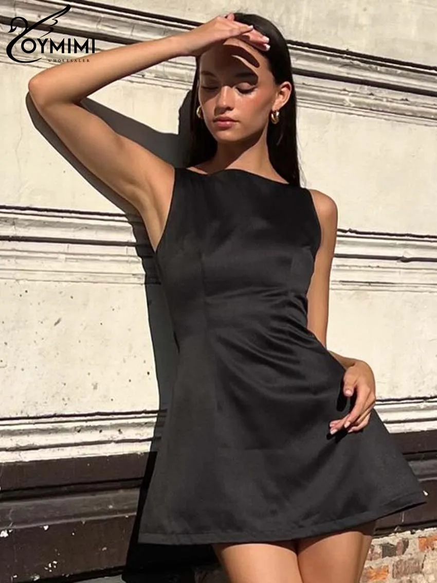 Oymimi Casual Black O-Neck Women\'s Dress Elegant Sleeveless Solid Dresses Autumn Fashion A-Line Mini Dresses Female Streetwear