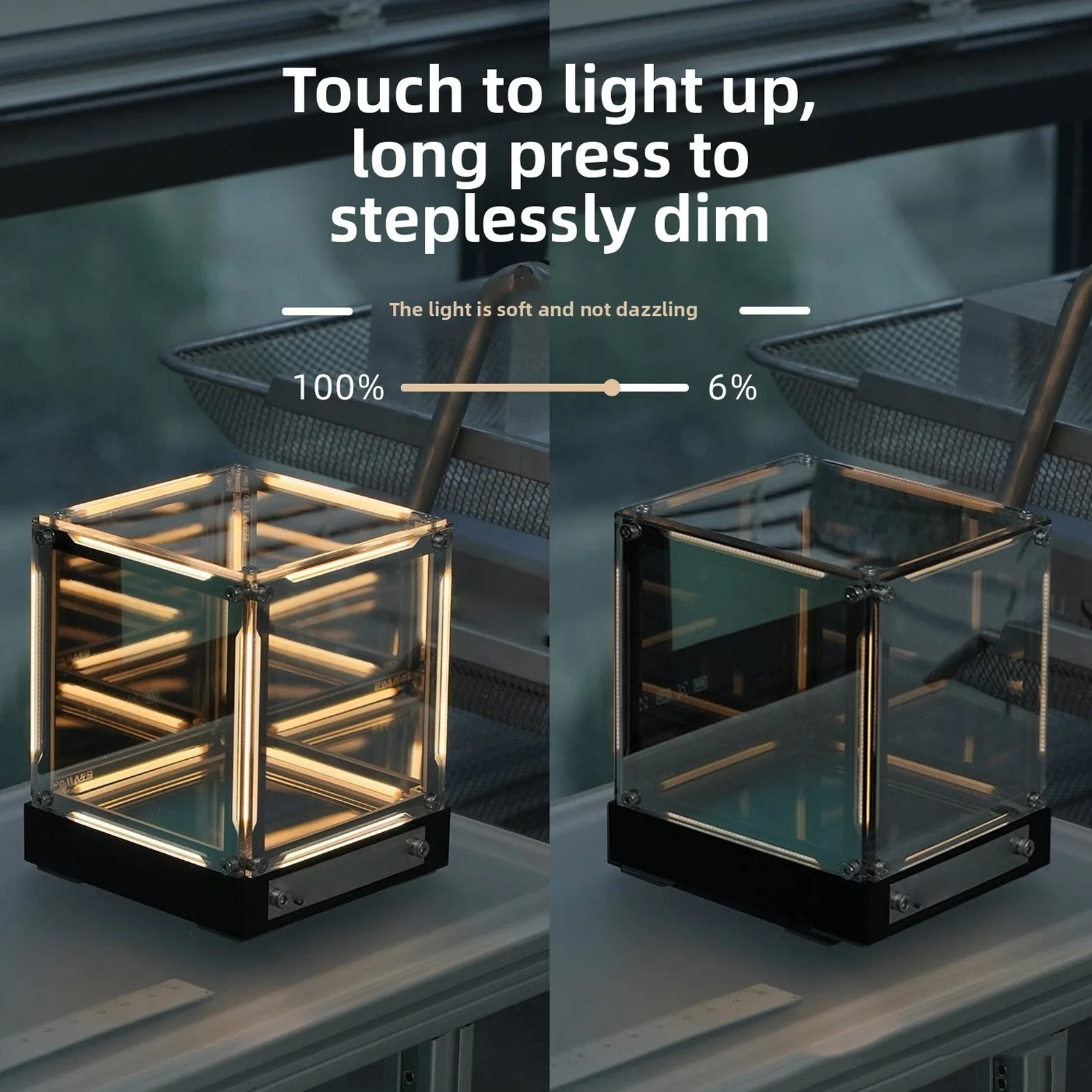 4D Mood Night Light Mirror Acrylic LED Space Ambient Lamp for Bookshelf Bedside Table Touch Dimming Rechargeable Yellow