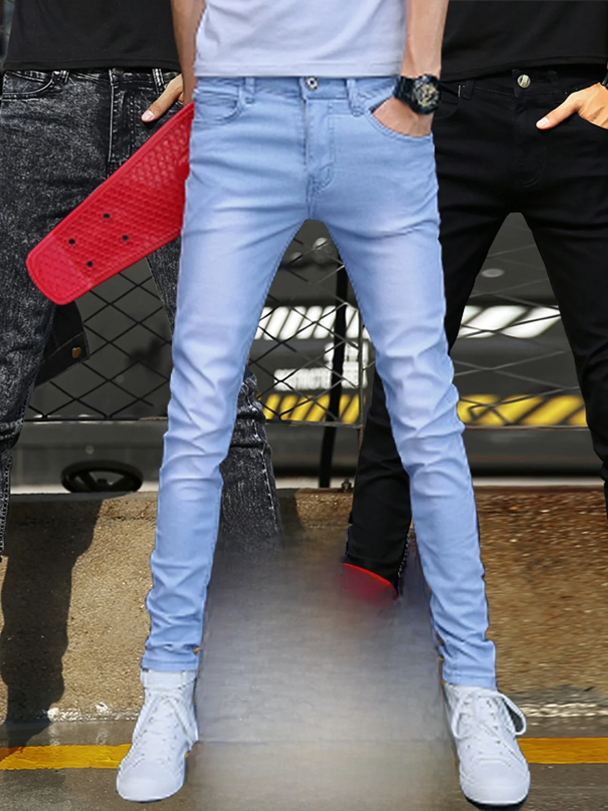 

Мужские прямые джинсы с подкладкой, светло-голубые, облегающие, в корейском стиле, повседневные, длинные, для зимнего сезона, модные