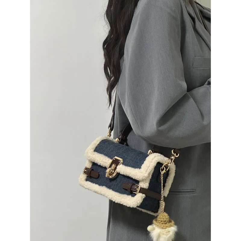 Autumn Winter Denim Lamb Wool Crossbody Bag High-End Design Sense Splice Small Square Bag 2023 New Popular Shoulder Pack Women