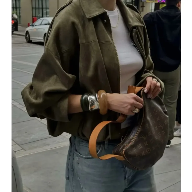 

Women's Jacket Fall New Solid Color Long-Sleeved Faux Suede Loose Bomber Jacket Casual Fashion Personality Versatile