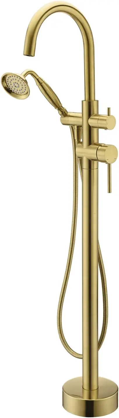 Tub Filler Freestanding Bathtub Faucet Brushed Gold Floor Mounted Brass Bathroom Tub Faucets with Hand Shower