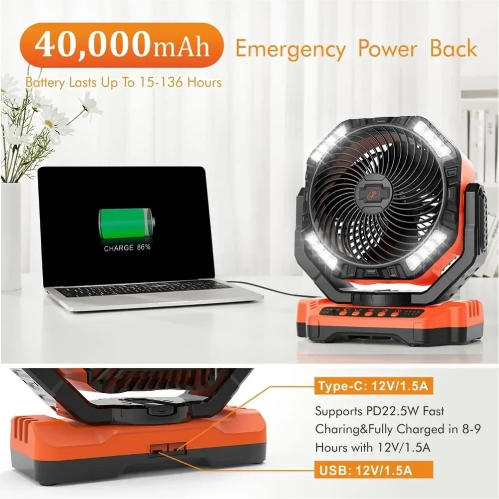 Ventilateur portable aste avec lumière LED, ventilateur de table à piles, ventilateur de camping à oscillation automatique, 40000mAh, 15 pouces