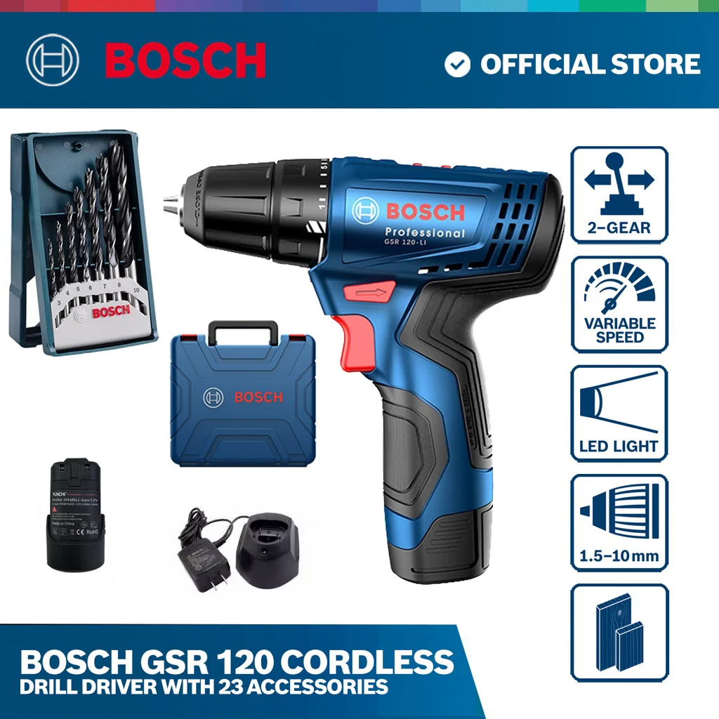 Аккумуляторная дрель Bosch GSR 120 Li 12V Драйвер Электрическая отвертка для дома DIY электроинструменты с 7 шт бит