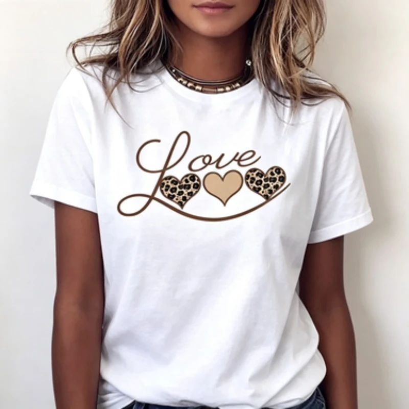 Cotton Crew Neck Tee, Three Hearts With Script Love Slogan Soft Loose Short Sleeve Top Six Daily Fashion Color Options