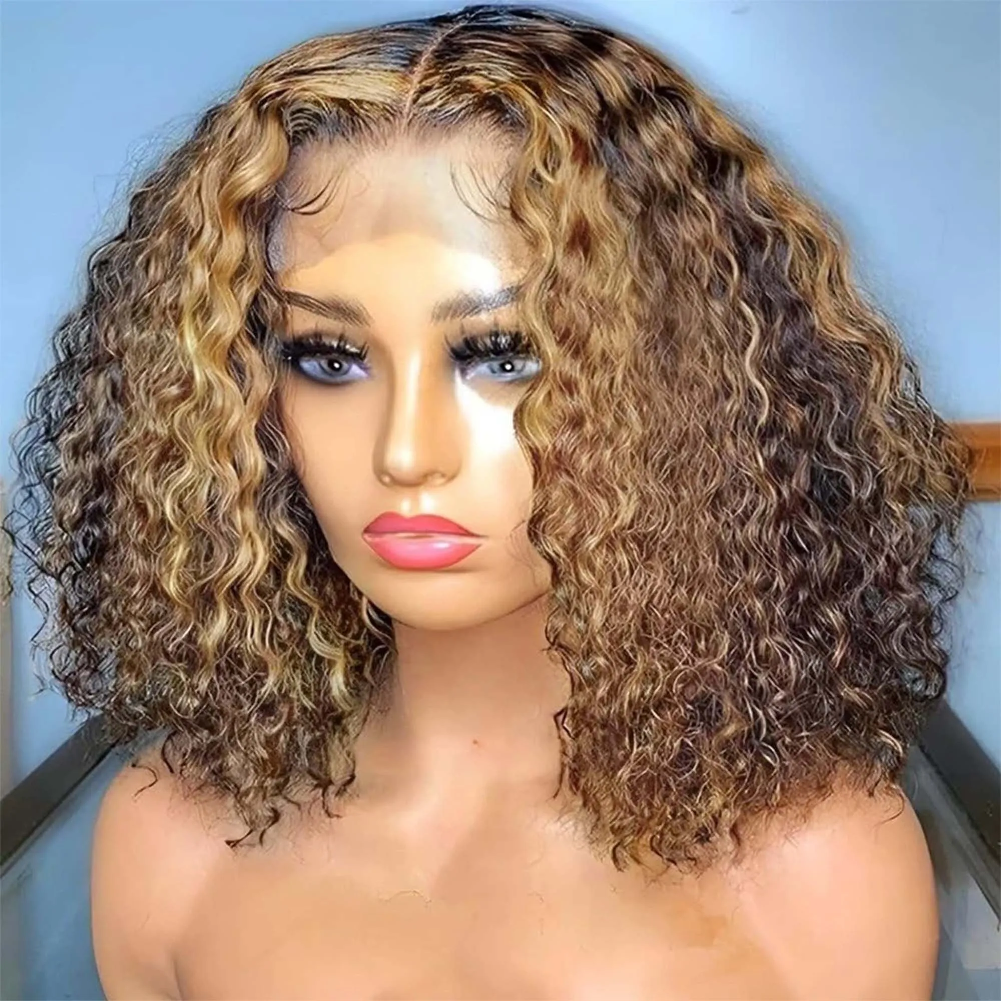 

4/27 Highlight Water Wave Short Bob Wig Human Hair Brazilian 200 Density 13x4 Lace Frontal Human Hair Wig For Women Curly Wigs