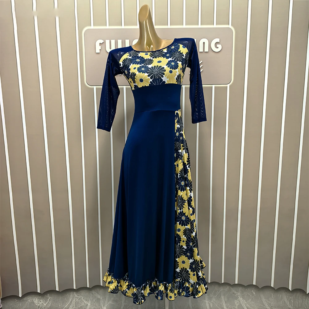 Nieuwe jurk marineblauw ballroomdans oefenpak wijnrood moderne walsjurk met middellange mouwen