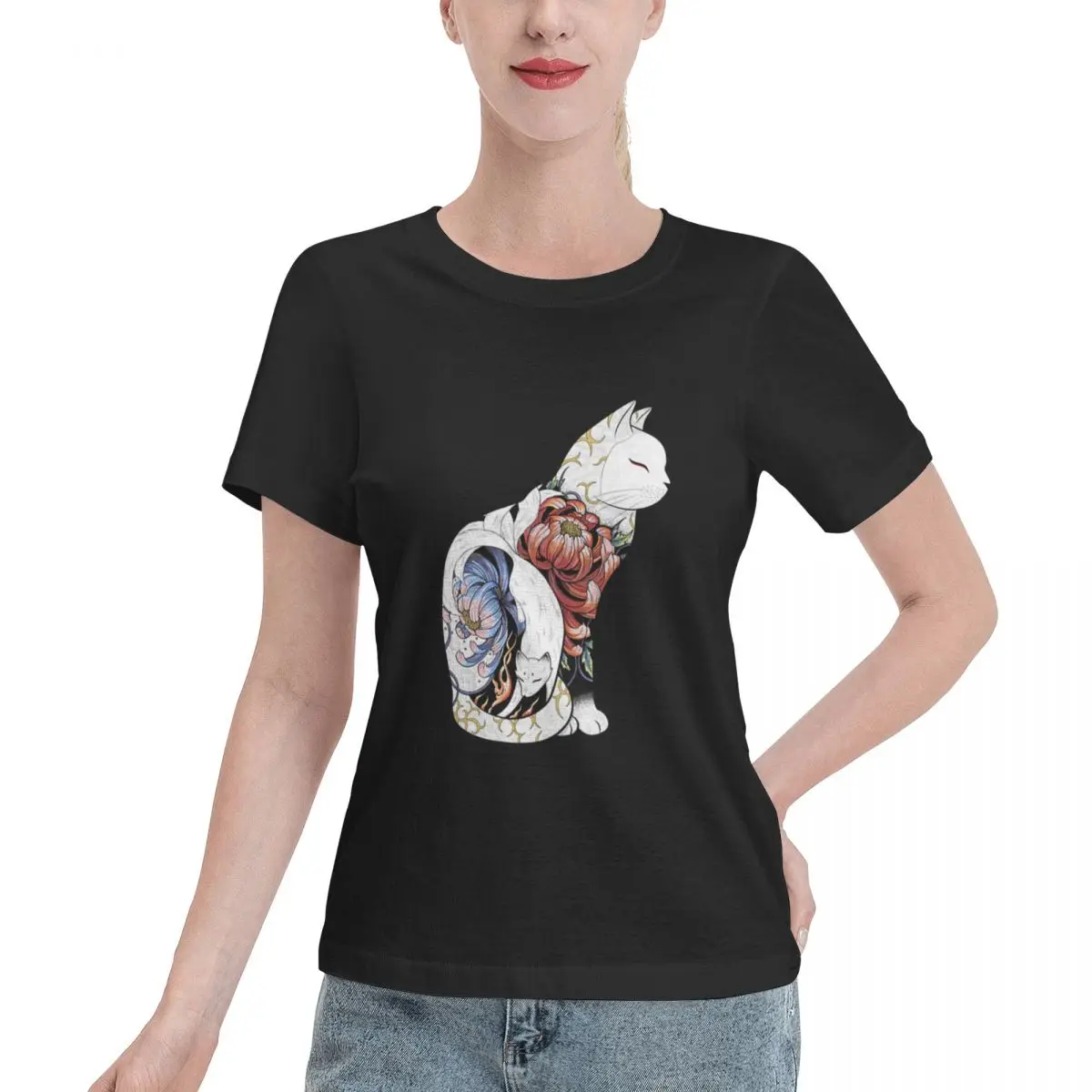 Limited Offer Kitsune Cat Tattoo Women's T-shirt Comfy Wear Soft Skin Friendly Top