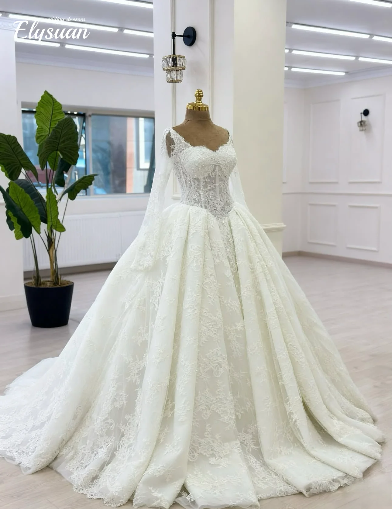 

Бальное платье по индивидуальному заказу, кружевные свадебные платья для женщин, невесты, с длинными рукавами, v-образным вырезом, жемчугом, корсетом, свадебное платье, Vestidos De Novia