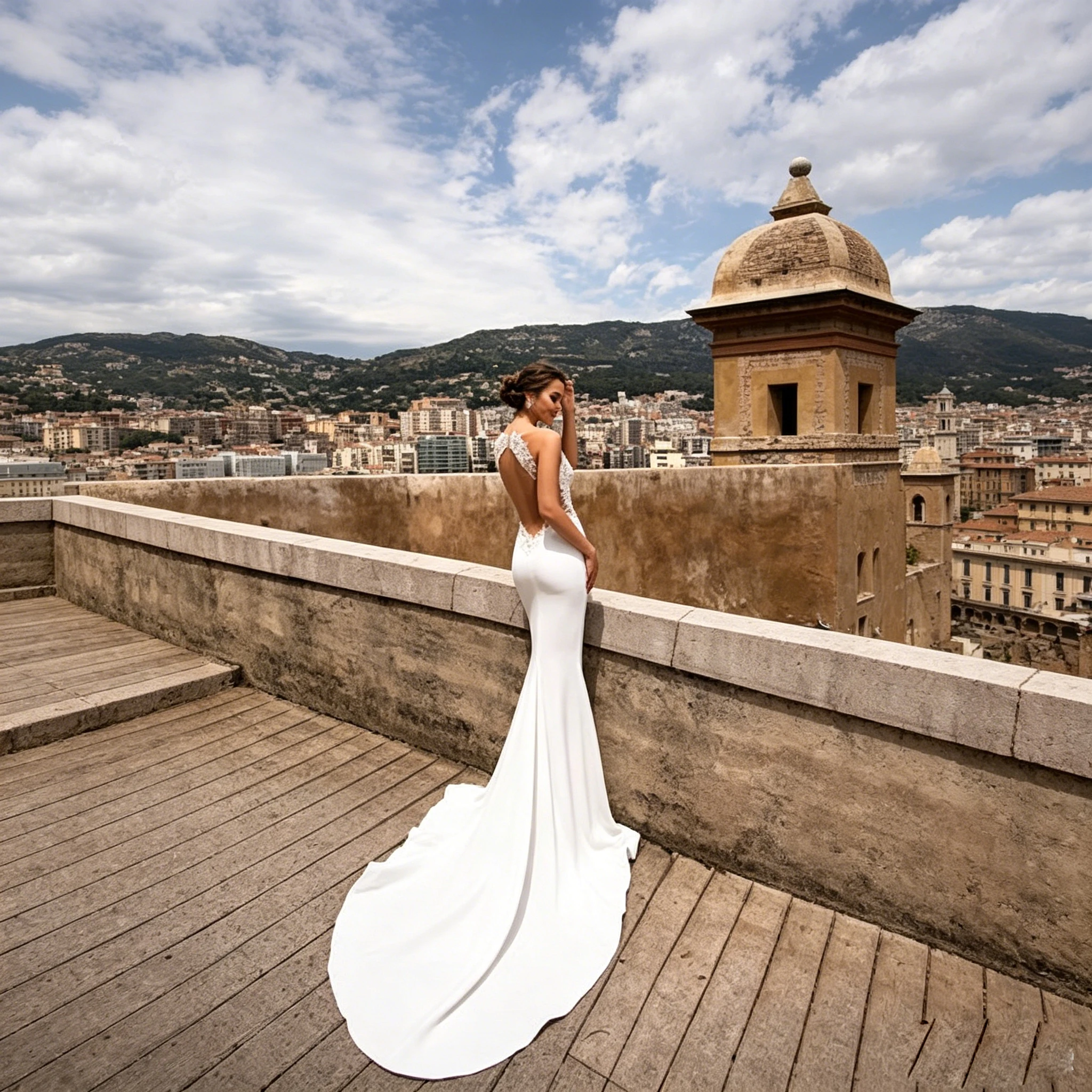 Image 4: Robe de mariée sirène satin luxueux décolleté V profond appliqués dentelle dos ouvert traîne chapelle tailles plus sur mesure shooting mariage plage extérieur civil élégante romantique nouveau modèle tendance 2026