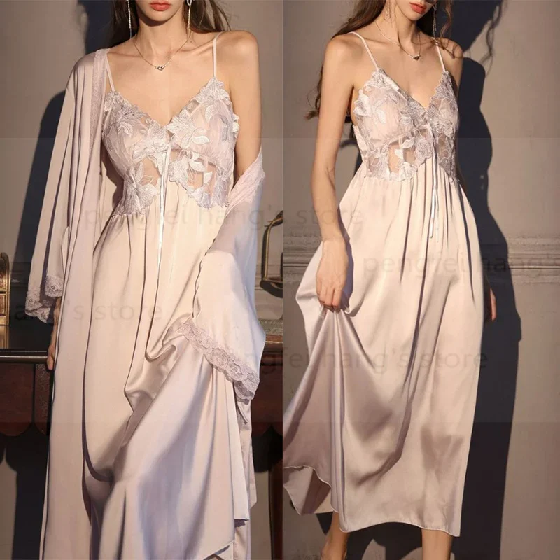 Loose Lingerie Home Dressing Gown Rayon Vestidos De Novia Lady Sexy Flower Spaghetti Strap Fairy Style Robe Set Long Kimono Gown
