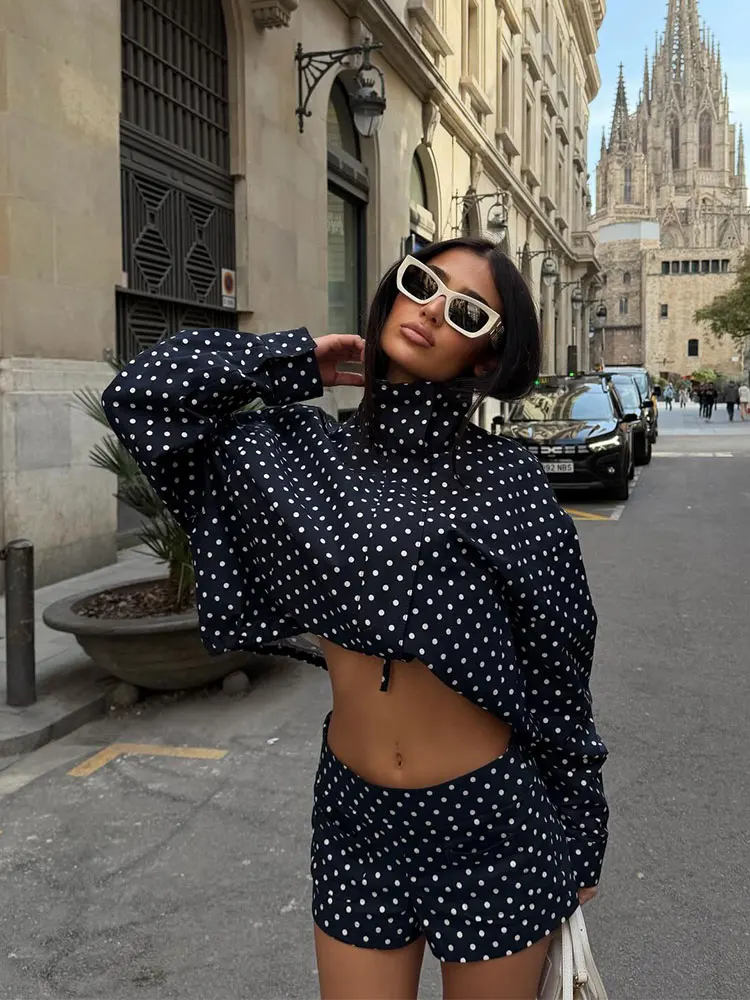 HH Polka Dot Shorts Sets For Women 2026 Trend Outfits Long Sleeve Zipper Turtleneck Jacket Coat Spring Woman Elegant 2 Piece Set