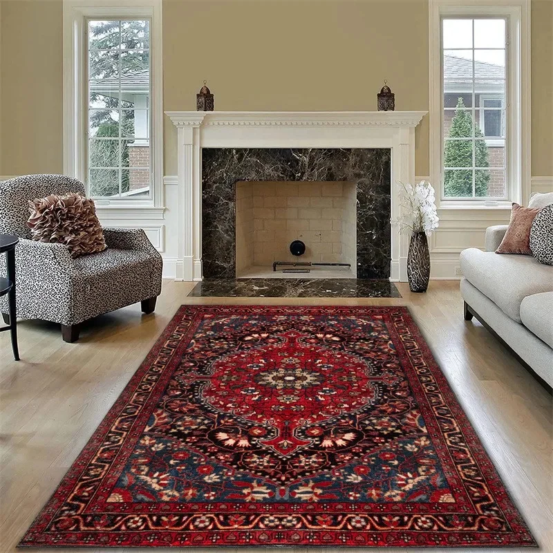 Red Blue Area Rug Carpet Machine Washable Mat Living Room Vintage Style Classic Oriental Traditional Persian Moroccan Boho Rugs