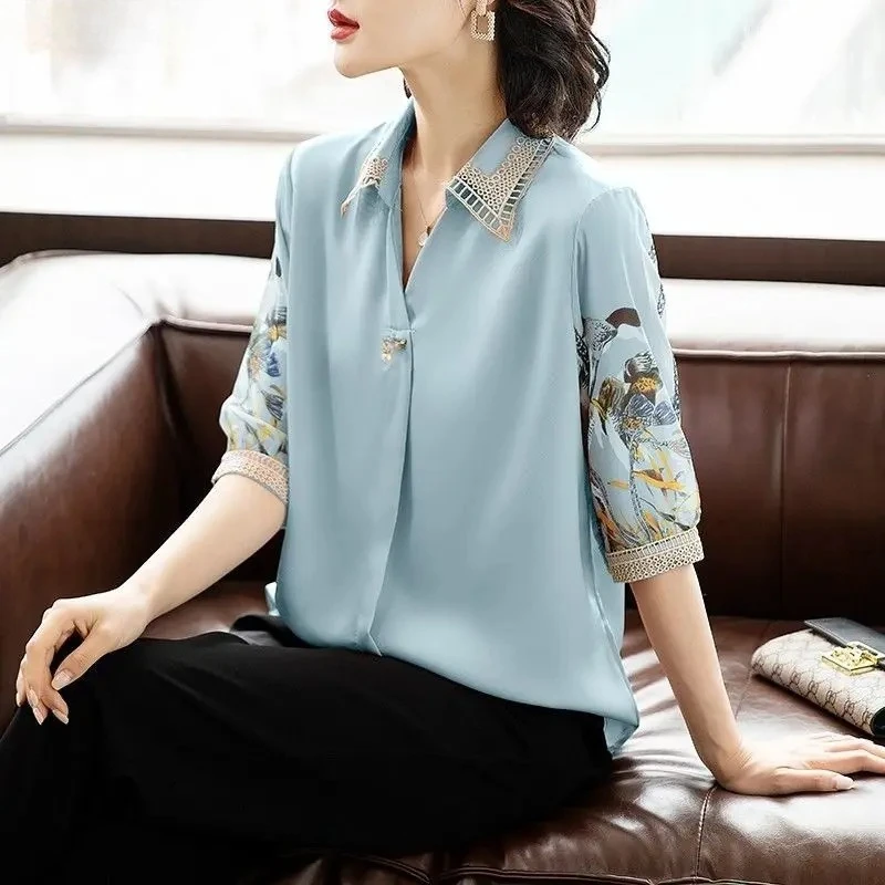 

Women Mid Sleeve Chiffon Tops Short Sleeved Blouses Elegant Summer Clothing for Middle Aged and Elderly